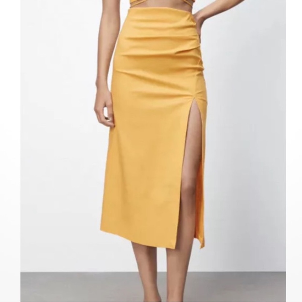 NWT Zara linen blend midi skirt front slit ruched small S
